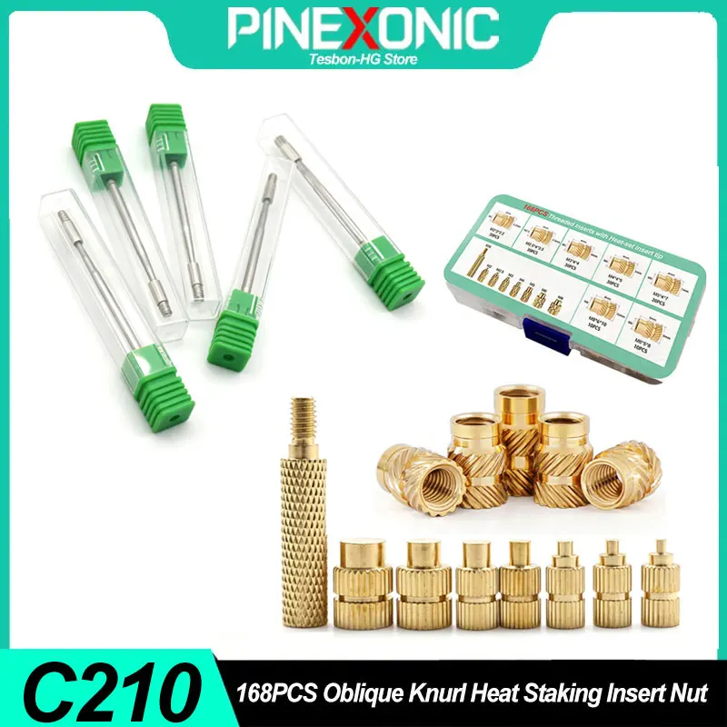168PCS Oblique Knurl Heat Staking Insert Nut with C210 Adapter 3D Printing Heat Insert Tool Compatible with JBC210/T80/T90A/HS0