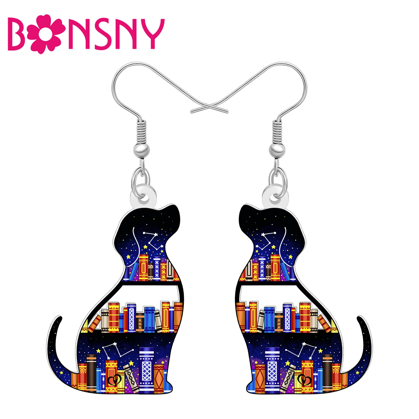 BONSNY Acrylic Labrador Dog Bookshelf Earrings Galaxy Sky Puppy Animal Pet Bookcase Jewelry Bookish Gifts For Women Book Lovers