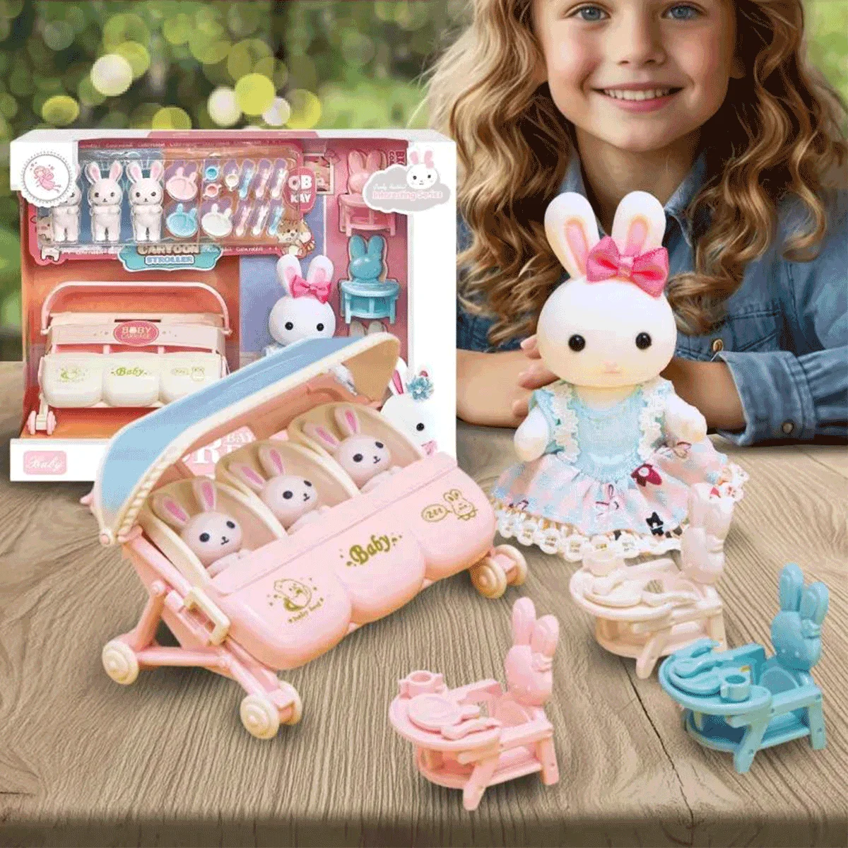 Poppenhuismeubilair Kinderwagen Mini poppenhuis Meubelaccessoires Set Miniatuur Konijn Familiemeubilair Speelhuis Speelgoed