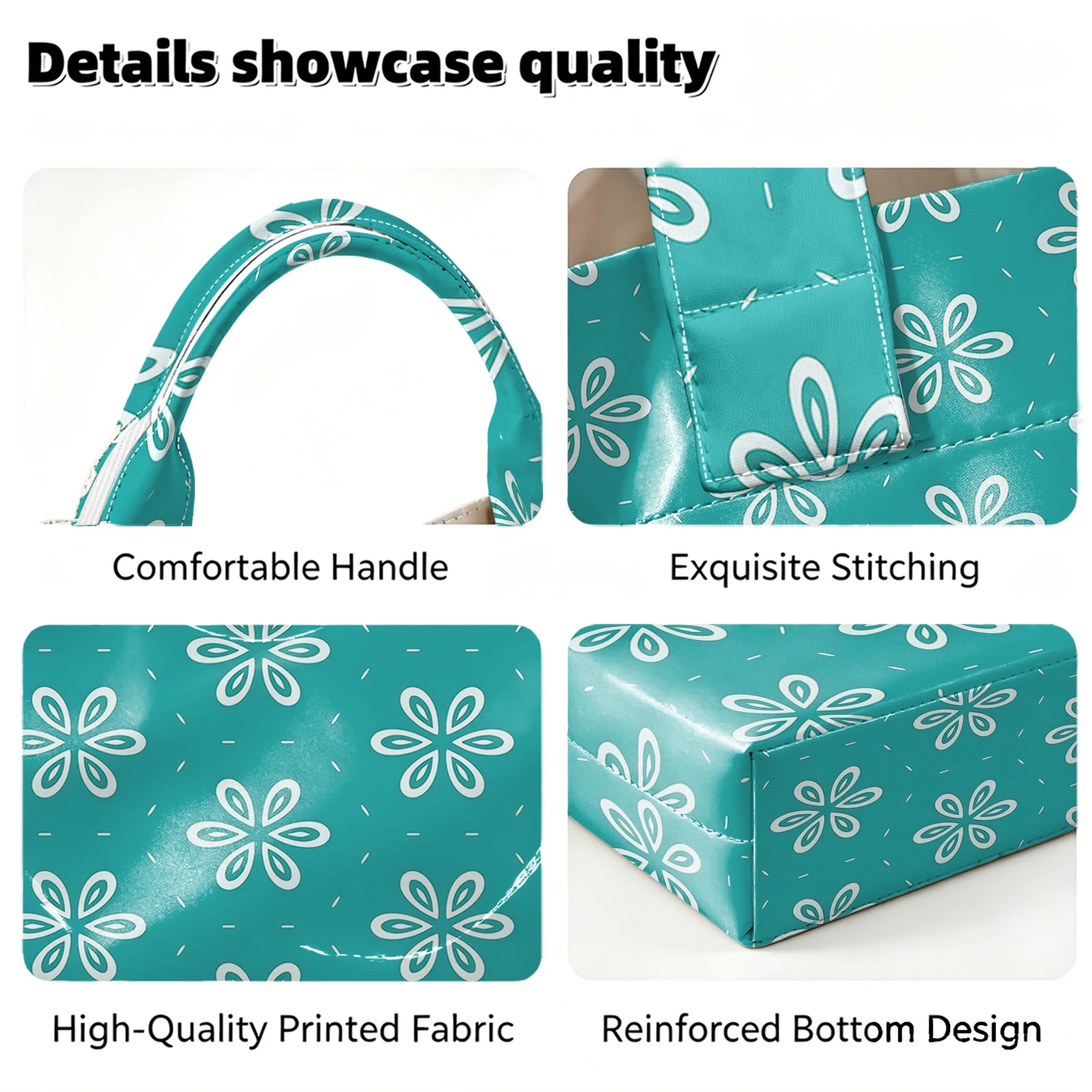 Minimal Teal Bloom Hot Sale Large Glossy PVC Tote Bag Hand Washable Waterproof Great for Travel Commute Makeup Storage Handbags - Image 4