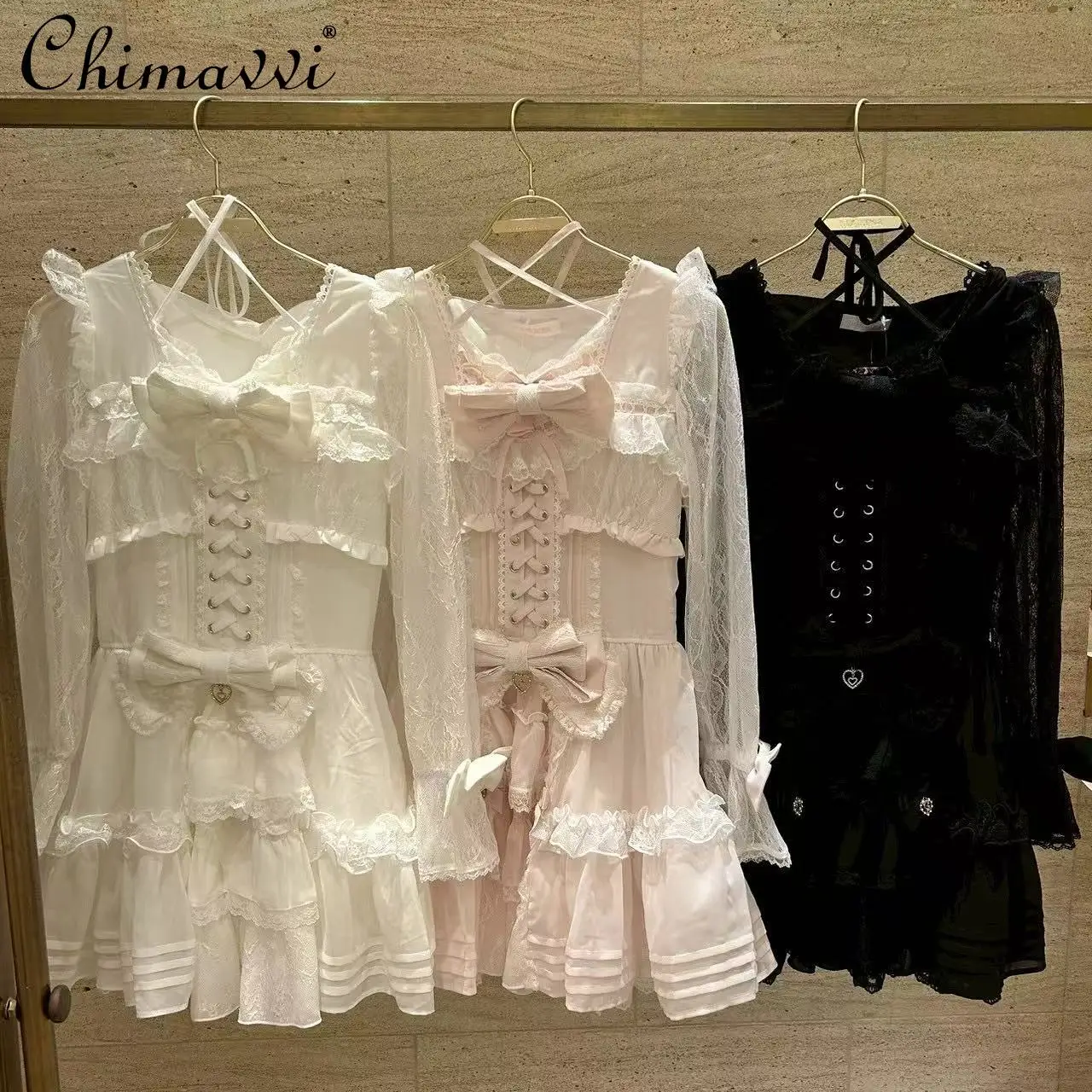 

Japanese Liz Cute Sweet Girl Chiffon Lace-Up Halter Bow Dress Super Fairy Lace Long Sleeve Slim Lolita Princess Dress Women