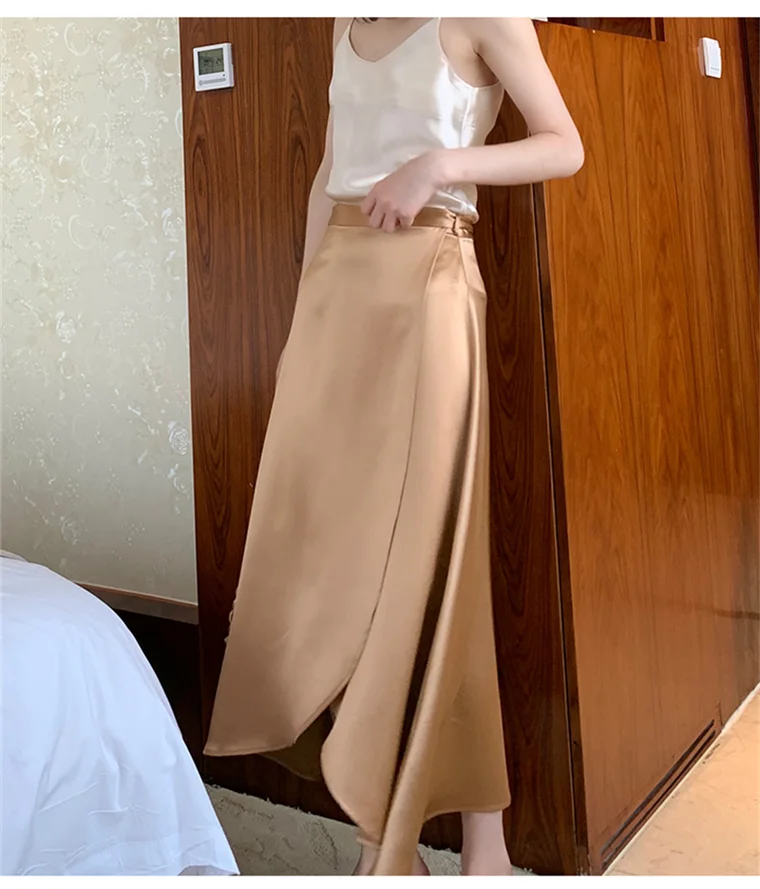 2026 Summer Lace-up One Piece Long Skirts High Waist A-Line Skirts Autumn Office Ladies Black Silk Satin Long Skirts Vestidos