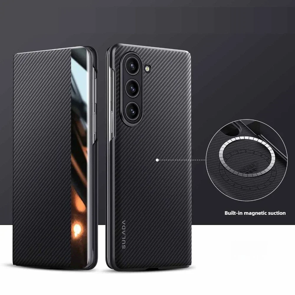 Funda magnética con textura de fibra de carbono de alta calidad para Samsung Galaxy Z Fold 7 6 5 4 y soporte de tarjeta oculta, funda protectora a prueba de golpes