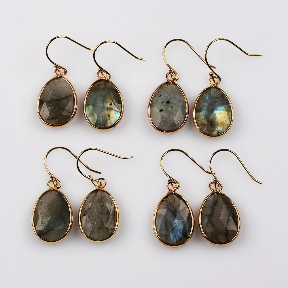 BOROSA Golden Color Unique Oval Shaped Crystal Labradorite Faceted Charms Dangle Earrings Druzy Women Wedding Jewelry Gifts