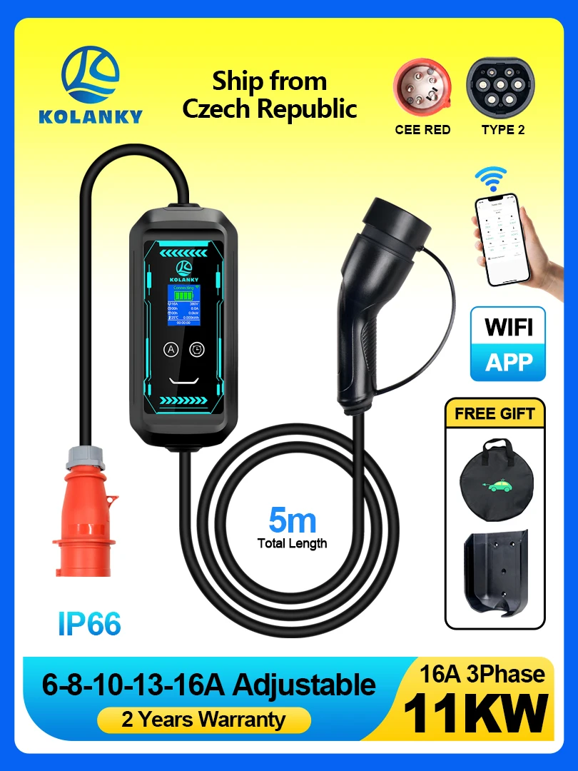 Kolanky 11 kW 16 A EV-Ladegerät Wallbox Wandhalterung Typ 2 Tuya APP WLAN-Timer 1–15 Stunden lädt Elektrofahrzeuge Autos insgesamt 5 m