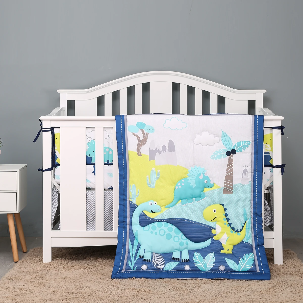 

7Pcs Blue Dinosaur Baby Crib Bedding Set Infant Nursery Room Crib Set For Boys (4Bumper Crib Sheet Comforter Crib Skirt)