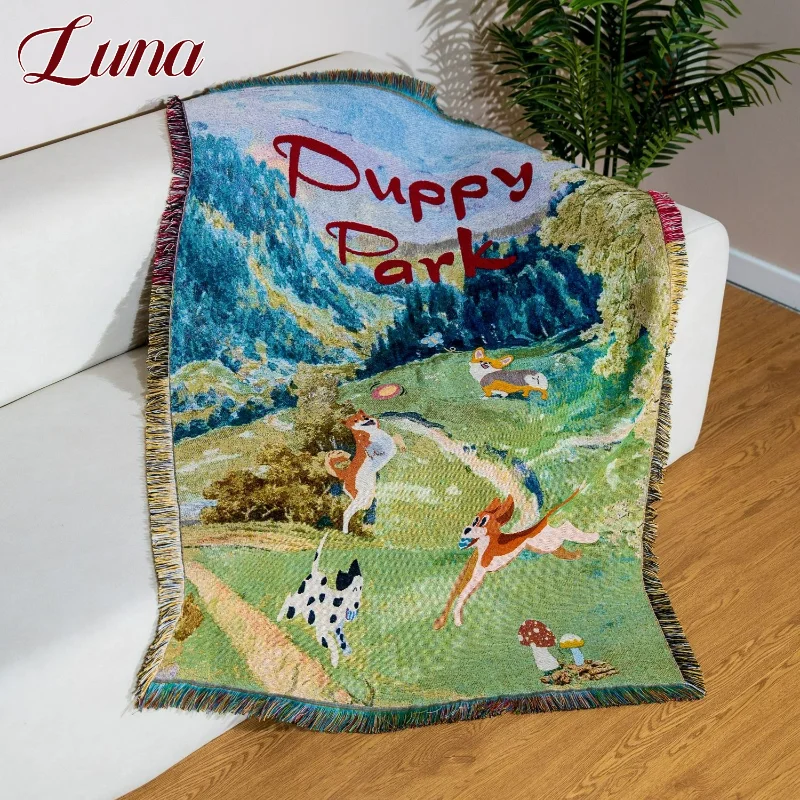 

Cute Dog Cotton Thread Blankets Sofa Throw Cartoon Puppy Park Outdoor Camping Picnic Blanket Korean Style Decorative Tapestry