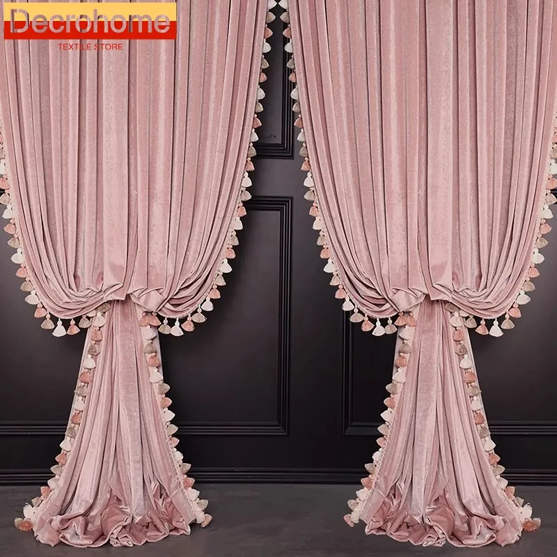 

French Rococo American-style Sunshading Luxury Pink Velvet Window Curtains for Living Room Bedroom Dining Villa High European