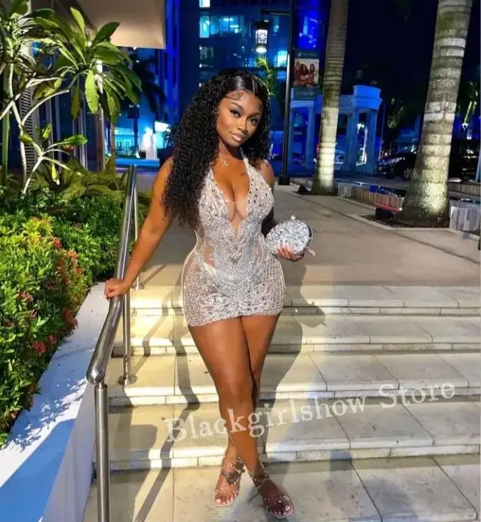 Elegant White Short Cocktail Dress 2024 Sparkling See Through Crystal Neck Hanging Black Girls Birthday Party Celebrity Dresses