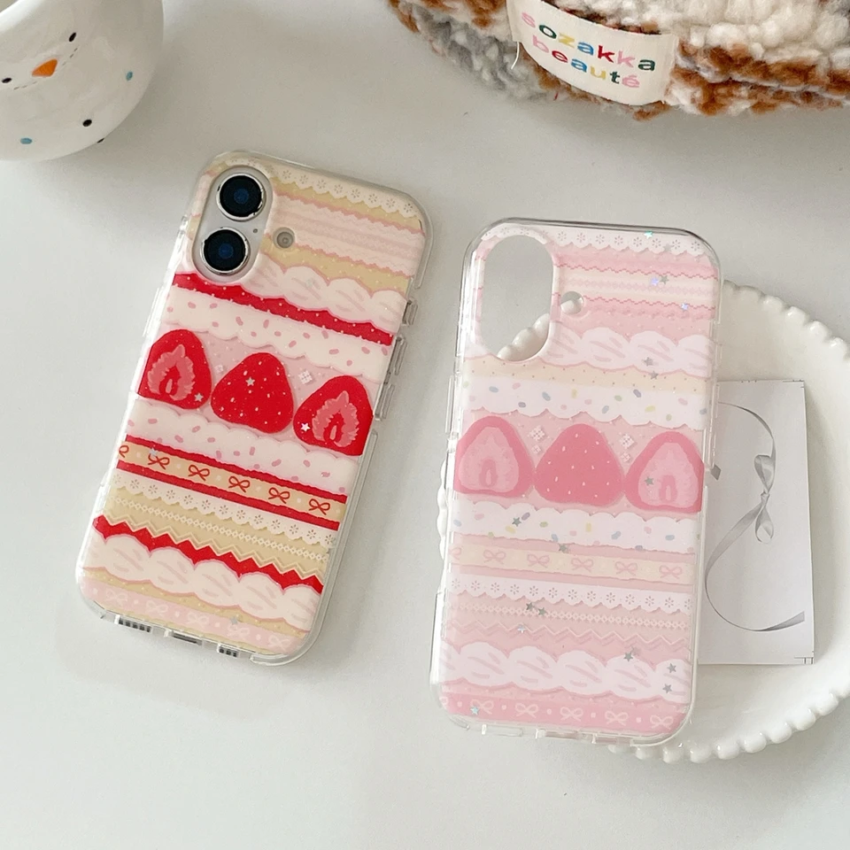 Funda protectora linda y dulce serie chica con crema, fresa, pastel, encaje y moño para iPhone 17 16 15 14 Pro Max 2
