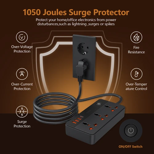 Imagen 2 del producto Enchufe Universal de enchufe múltiple, toma de corriente de la UE con cable de extensión de 1,9 M, puerto USB tipo CA, carga PD, toma de corriente de 20W
