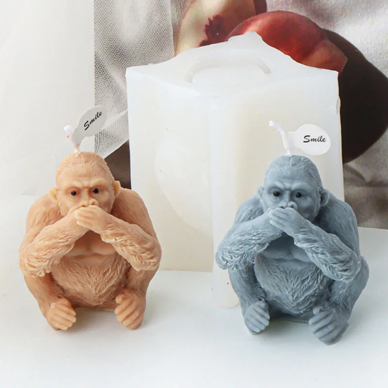 3D Sitting Gorilla Candle Silicone Mold No Look No Listen No Speak Gorilla Monkey Scented Candle Gypsum Resin Mould Craft Decor