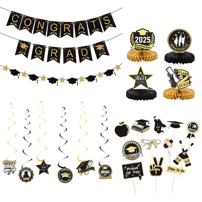 

Glitter Black Gold Graduation Decoration Set Hanging Spiral Banner Bamboo Stick Honeycomb Ornament Graduation Party Decoration