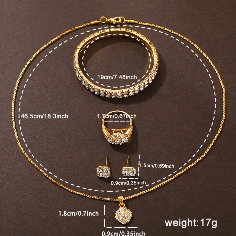 Glittering Luxury Rhinestone Womens Watch Set - Precise Quartz, Timeless Golden Fashion, 6-Piece Analog Wrist Watches & Jewelry