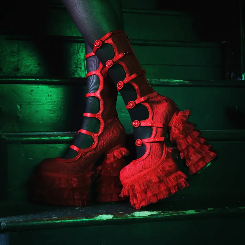 

Красные ботинки на платформе с кружевом и пряжкой для невесты, с круглым носком, на высокой платформе, на массивном каблуке, с пряжкой на ремне, женская вечерняя обувь