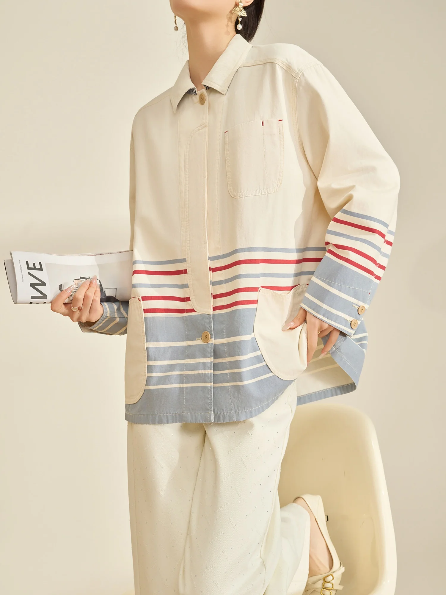 

Spring 2026 Striped Color Block Nautical Style Denim Jacket Loose Fit Long Sleeve Commute Fashion Women's Short Outerwear