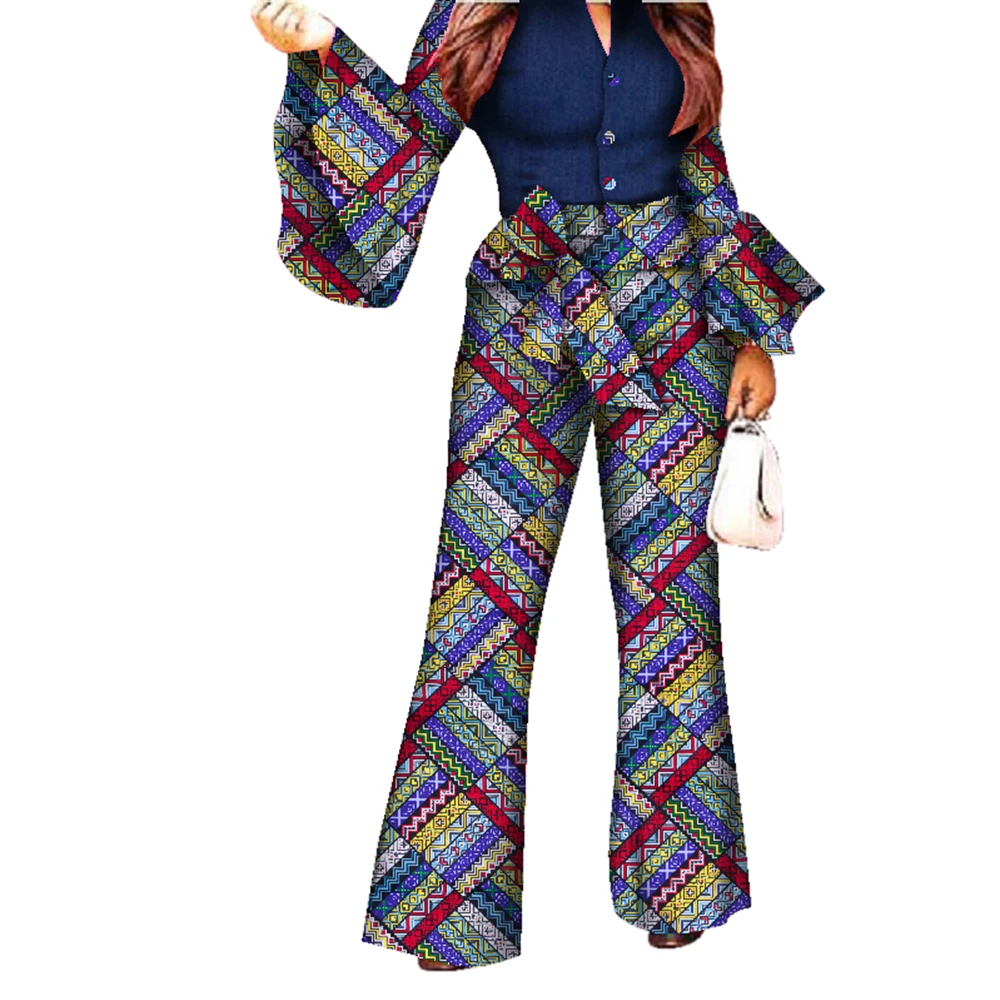 African Print Women Pant Set V-Neck Flare Sleeve Shirt Pants African Ladies Suits 2 Piece Set Casual African Clothing WY2772