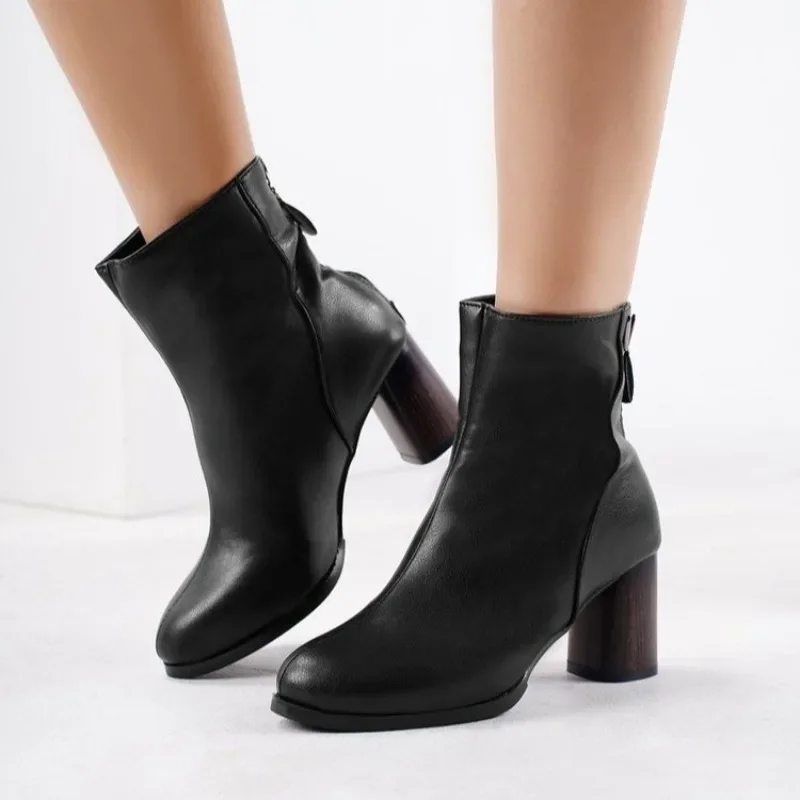 2024 New Women's Shoes Zipper Women's Boots Autumn Round Toe Solid Profession Middle Tube Chunky Heels Large Size Fashion Boots