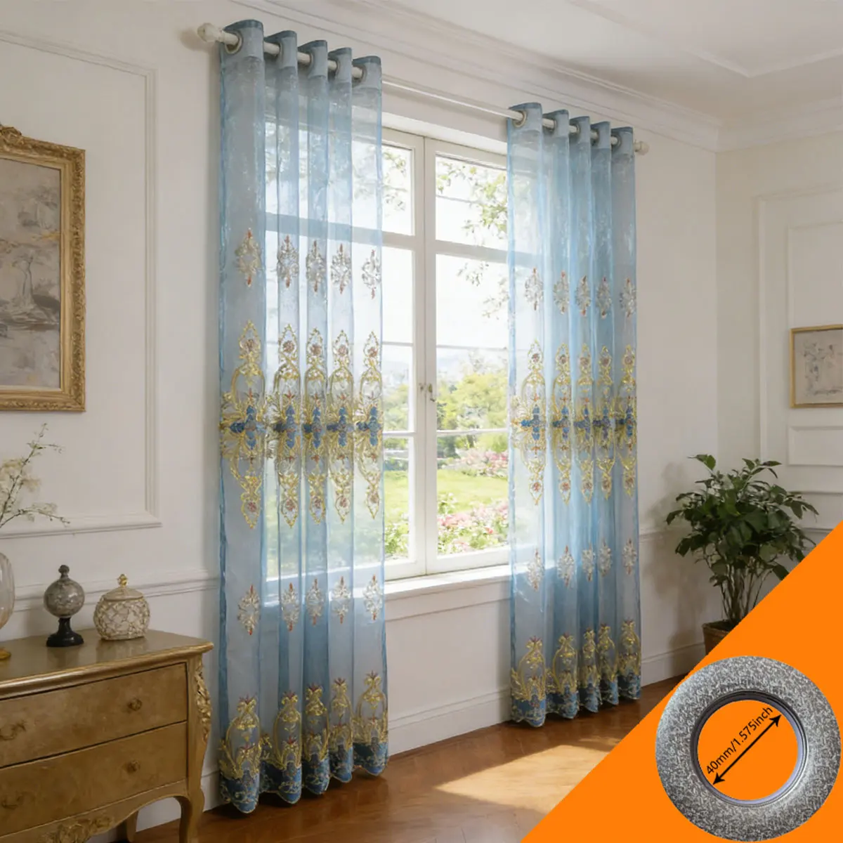 

Elegant Light Blue Embroidered Sheer Curtains, Semi-Transparent Light Filtering Curtains with Grommet Top for Home Decor