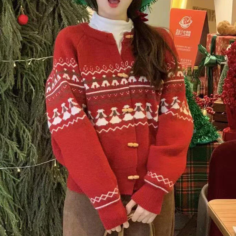 

Jacquard Christmas Knitted Sweater Casual Chic Loose Outerwears Autumn Winter Women Fashion Single Breasted Cardigan Cute Sweet