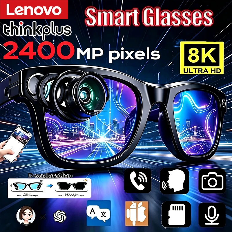 Lenovo ThinkPlus AI Smart Motorcycle Glasses Bluetooth Smart Camera 8K HD Photo Record Remote Control Translator Voice Assistant