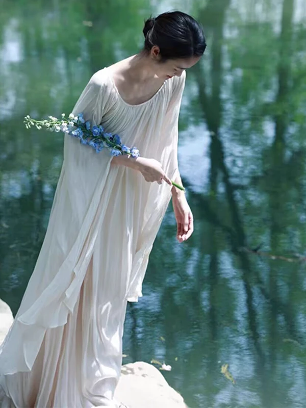 Nuovo cinese Sle White Dr Donna Estate Zen Sensation Allentato Pigro Sottile Dra Abito lungo Gonna a trapezio Materiale sottile