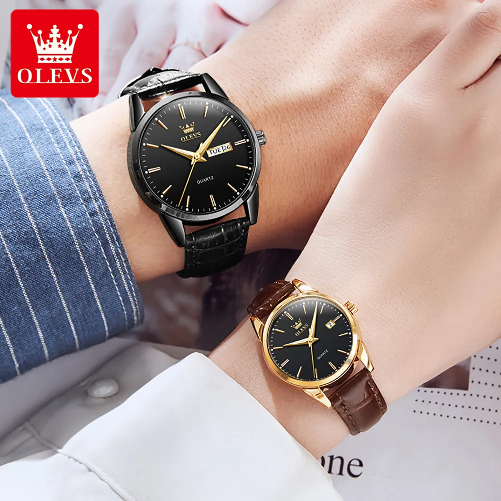 OLEVS-Casal impermeável relógios de pulso, requintado relógios Quartz, calendário luminoso, PU Strap, alta qualidade, moda, 6898