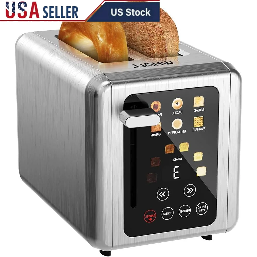 Touch Screen Toaster 2 Slice Stainless Steel Digital Timer 6 Bread Types 6 Shade Settings Extra Wide Slots Defrost Bagel Cancel