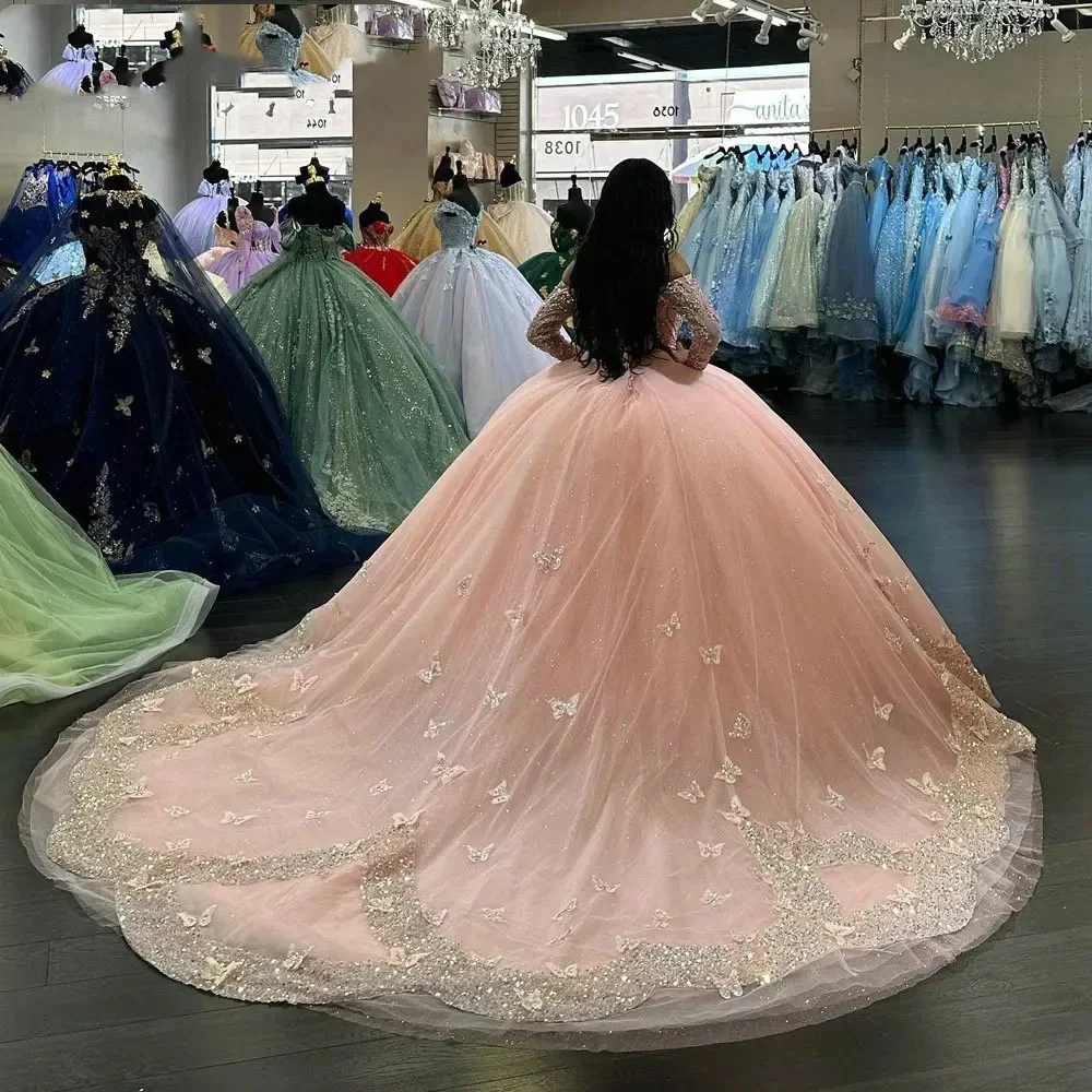 Iridescent Pink Glitter Ball Gown Long Sleeves Quinceanera Dresses 3D Butterfly Appliques Lace Sweet 15 Princess Birthday Party