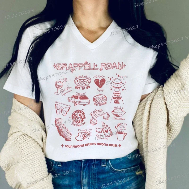 New Funny Chappell Roan Midwest Princess Tour Women Shirt Short Sleeves V Neck Comic Style Ullzang Chappell Roan Singer T-shirt