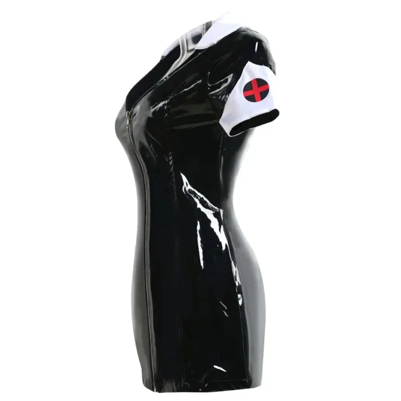 

DY20S-XXL Sexy Leather Black PVC Dress With Zipper N8772KZO Bodycon Catsuit Bondage Clubwear Pole Dance Costume Sexy Nurse Eroti