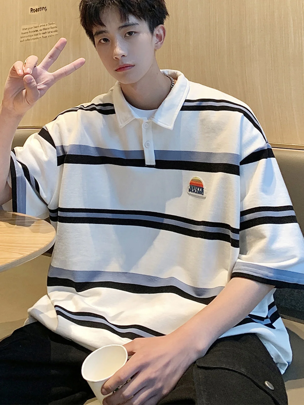 

Мужская футболка свободного кроя с отложным воротником, в полоску, с цветными блоками, летняя повседневная одежда для студентов и подростков