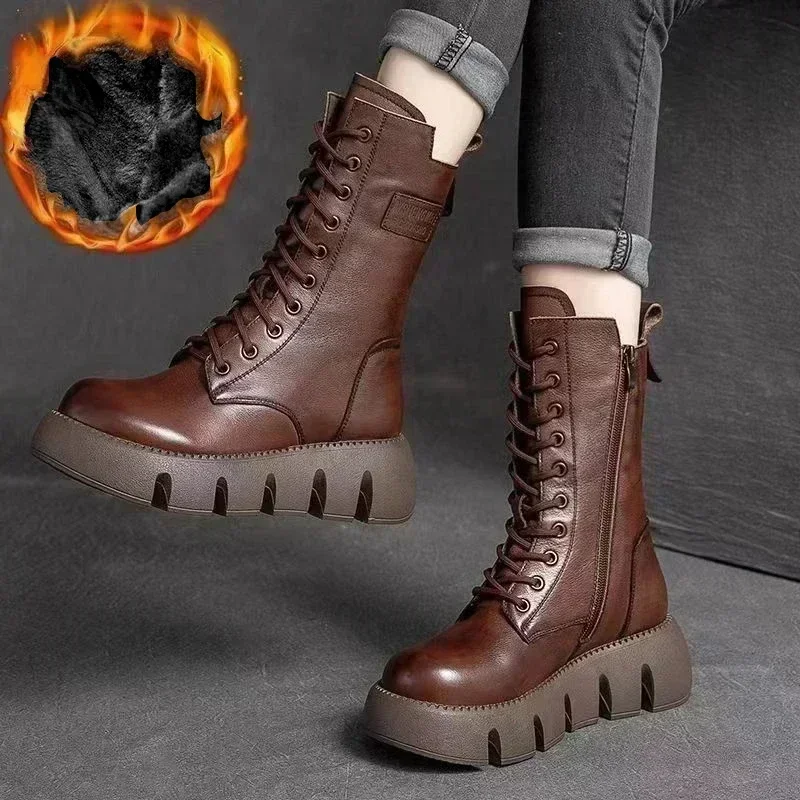 Winter Leather Women Boots 2024 Short Plush Mid-heel Snow Boots Lace Up Warm Lady Platform Biker Ankle Boots for Women Shoes