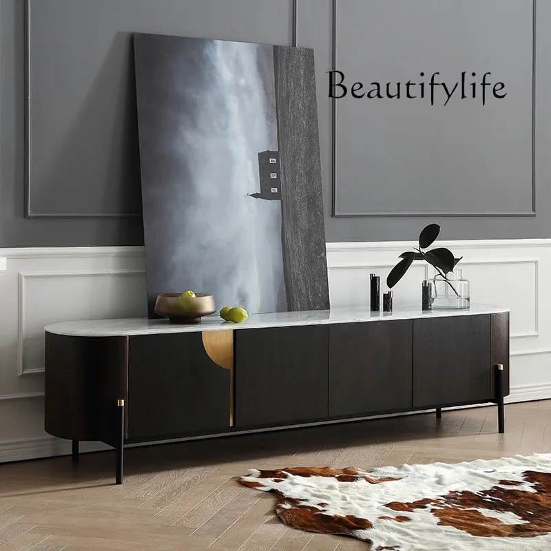 Italian-Style Light Luxury Smoky TV Cabinet and Tea Table Combination Marble Top High-Grade Arc Floor Cabinet