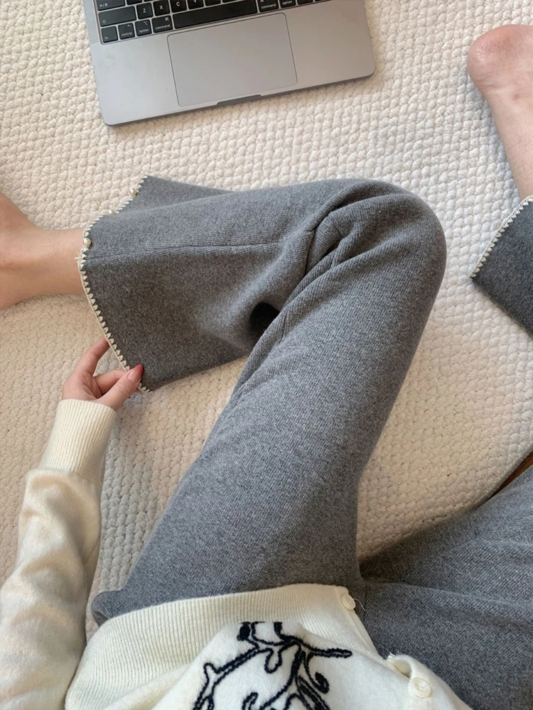 Gray Beaded Knitted Flared Wide-Leg Pants for Women 2026 New Autumn Winter Lazy Style Slimming Versatile Casual Pants