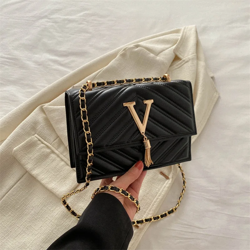 New Solid Color Women Fashion Tassel Shoulder Check Crossbody Casual Small Square Bag Luxury Designer