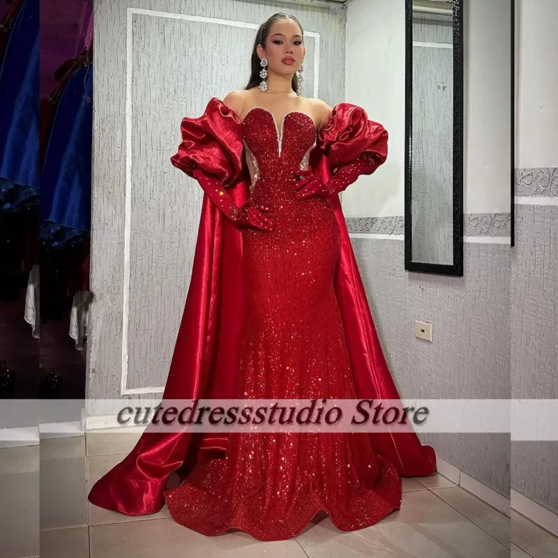 Stunning Red Evening Dresses With Cape Sequin Mermaid Prom Gowns Gloves African Aso Ebi Wedding Party Dress Customized