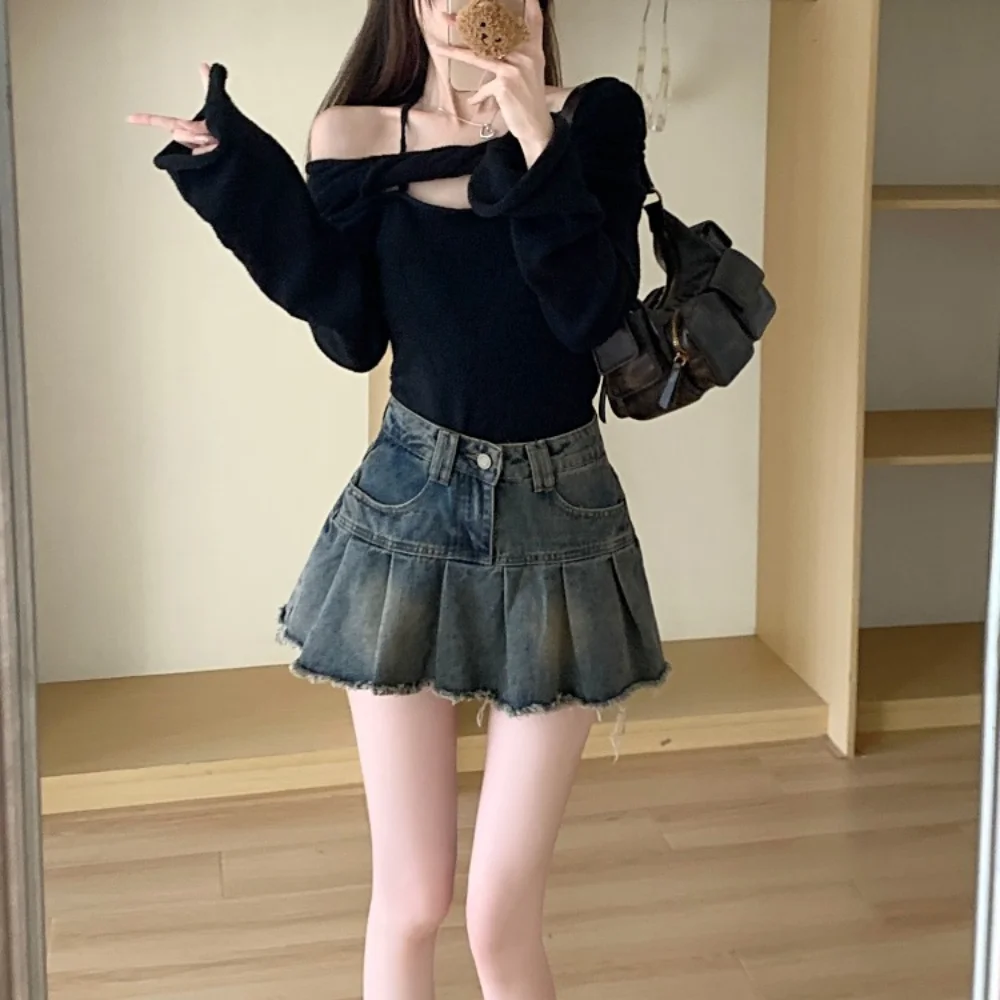 New Solid Color Retro Ruffled Skirt Denim Cloth High Waisted A-line Skirt Cowboy Skirt