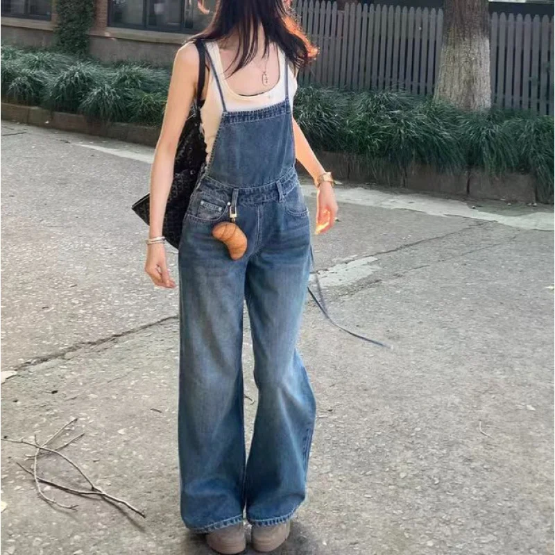 

Washed Overalls Women Summer Loose Wide-Leg Pants Vintage Straight Long Pants Jumpsuit