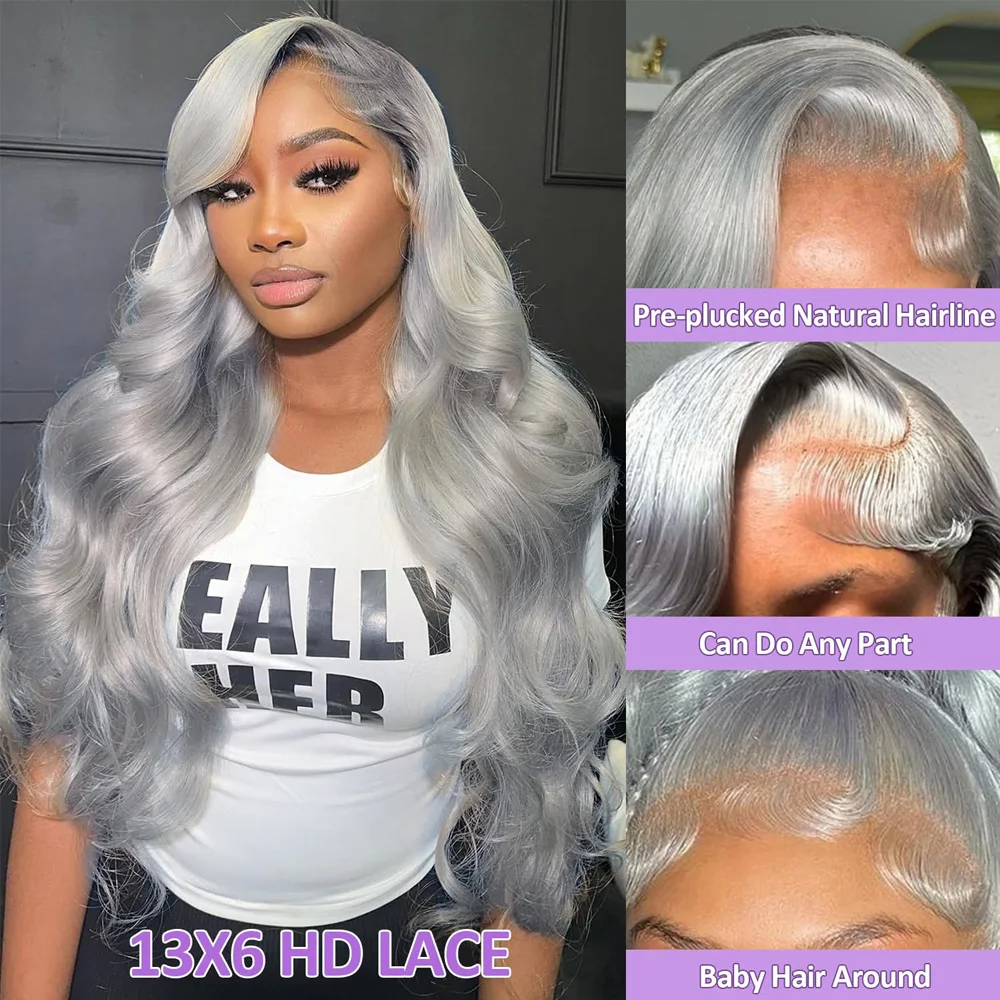 Silver Grey Body Wave 30 40 Inch 200% 220% 250% Density HD Transparent Lace Frontal Wigs 613 Blonde Wigs Human Hair Pre Plucked with Baby Hair Pre Bleached Barbie Hair Style Colored Human Hair Wigs For Women
