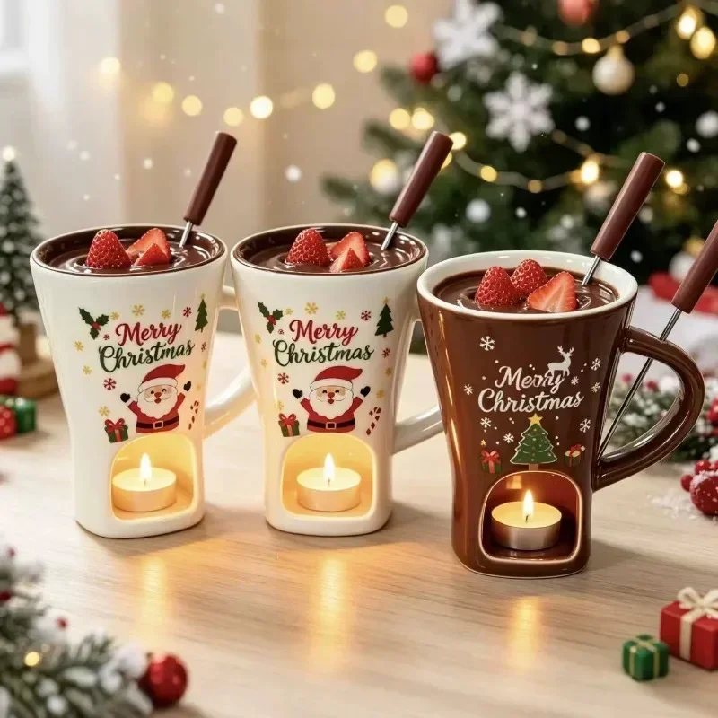 Christmas Ceramic Fondue Mug Chocolate Melting Pot with Fork Santa Claus Candle Heater Cheese Cup Winter Couple Holiday Gift