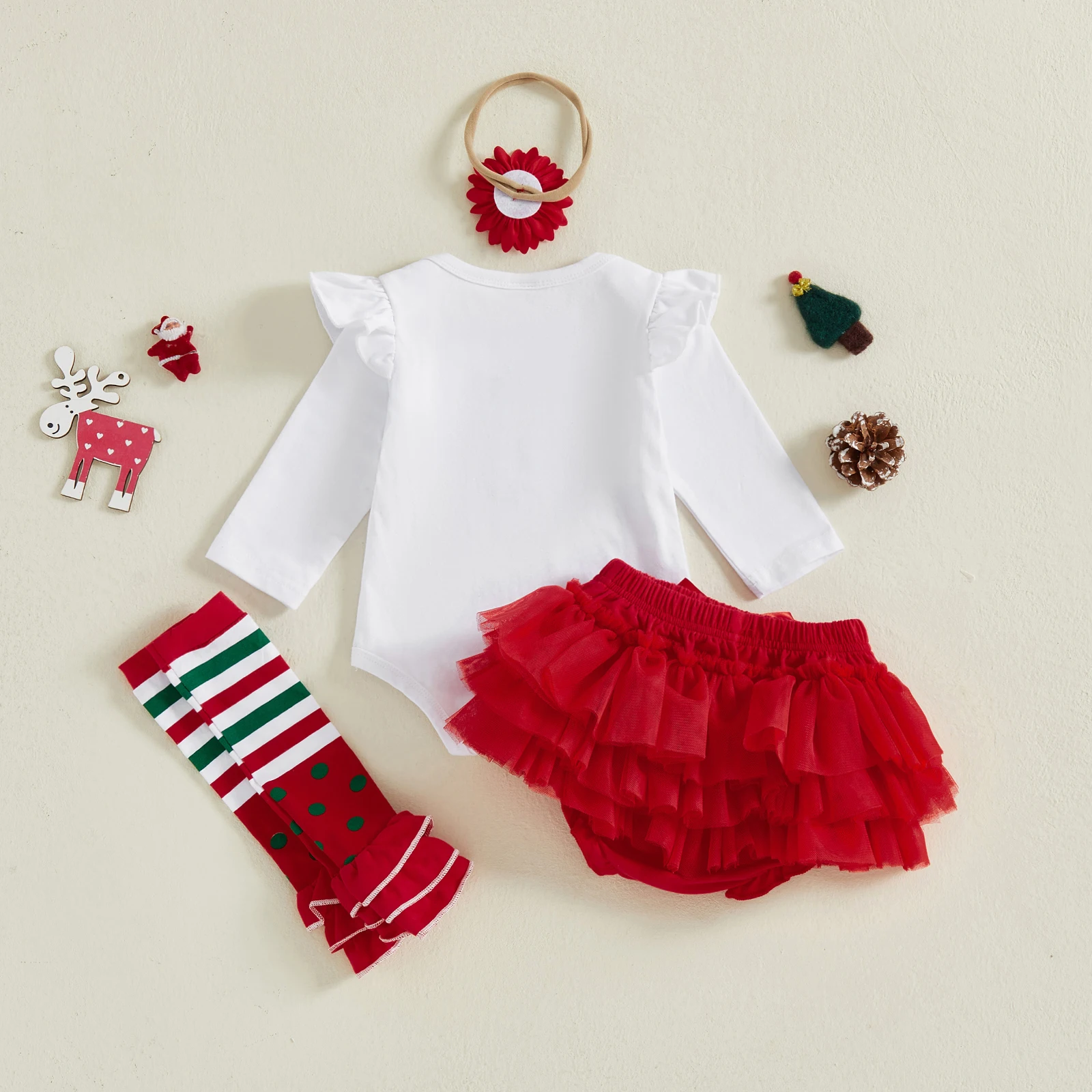 طفلة عيد الميلاد 4 قطع الزي، طويلة الأكمام طاقم الرقبة خطابات طباعة رومبير مع الطبقات شبكة السراويل عقال تدفئة الساق #6