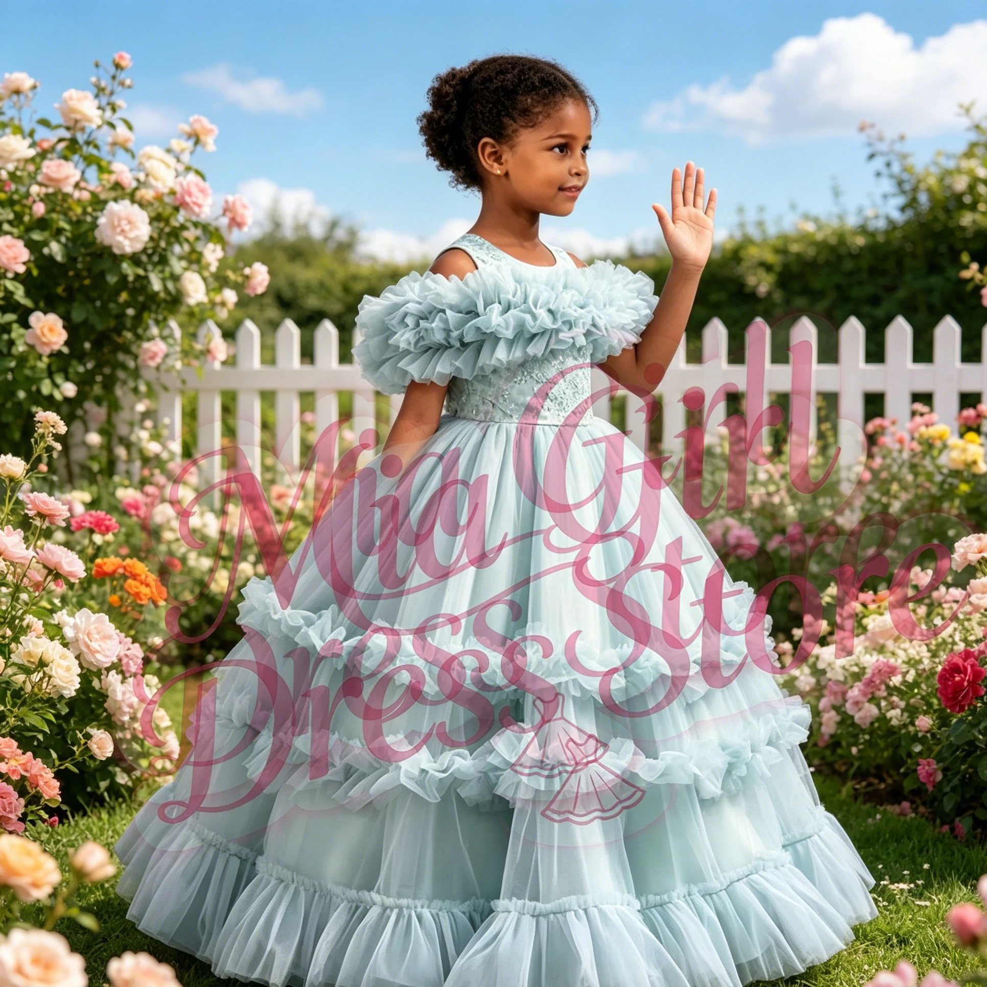 

Customized Blue Flower Girl Dress For Wedding Tulle Short Sleeve Floor Length Elegant Kids Birthday First Communion Gown
