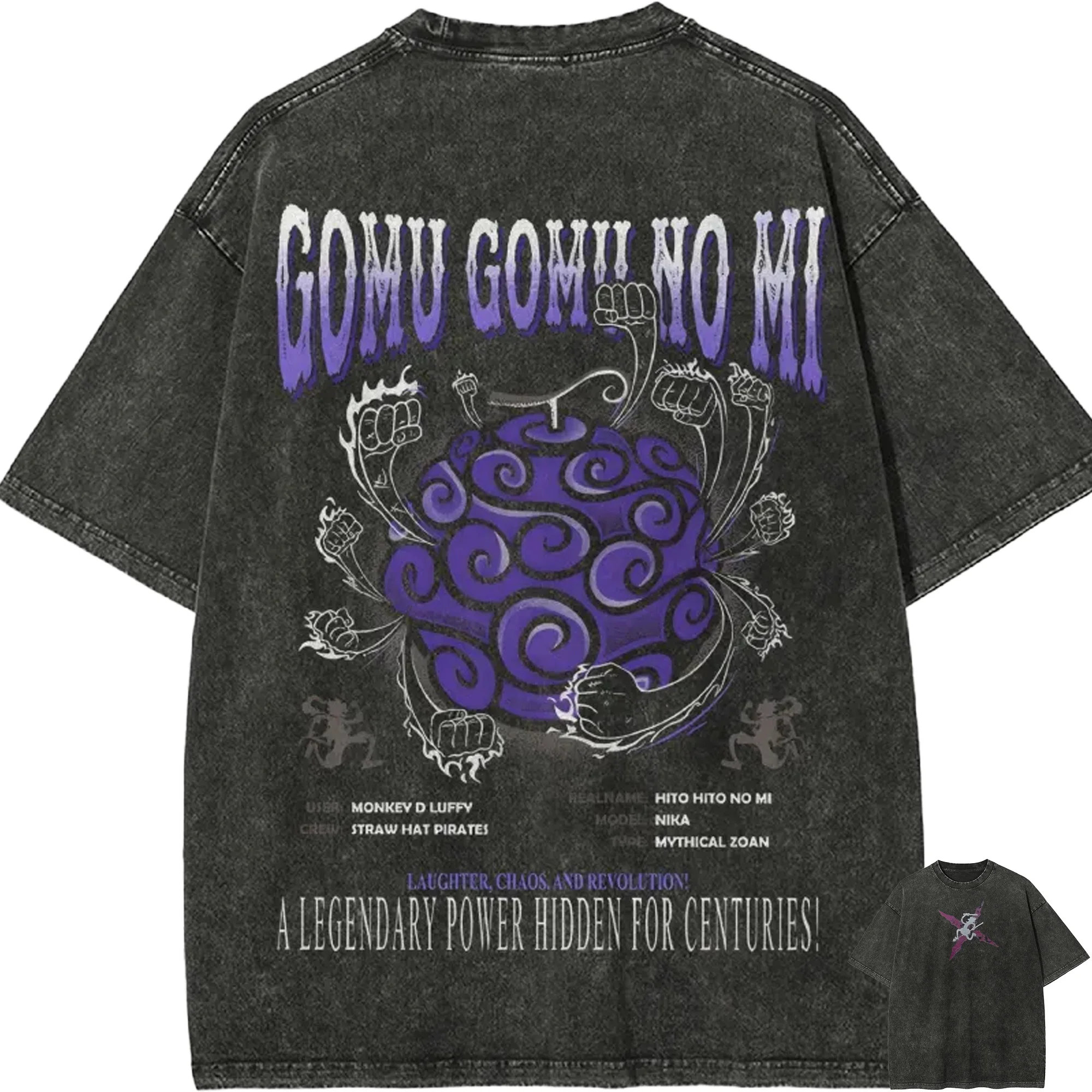 Luffy Gear 5 T-Shirt One Piece Joy Boy Nika Frucht Vintage Acid Wash Streetwear Übergroßes Retro Anime Grafik Baumwoll-Herren-T-Shirt
