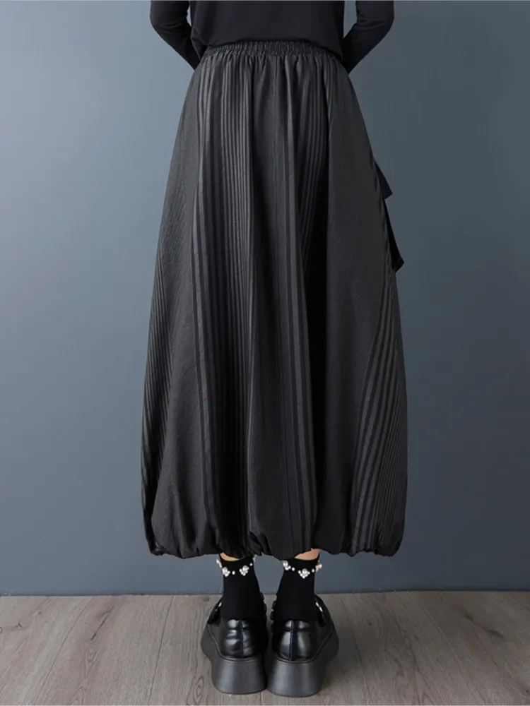 Oversized Spring Fall Midi Striped Skirt Women Fashion Ladies Casual Loose High Waist Woman Black Dark Academia Skirts