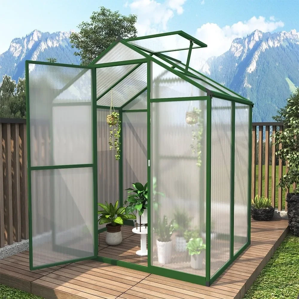 6*4FT Greenhouse for Outdoors, Polycarbonate Greenhouse with Roof Vent, Walk-in Large Aluminum Sunroom Winter Proof, Green