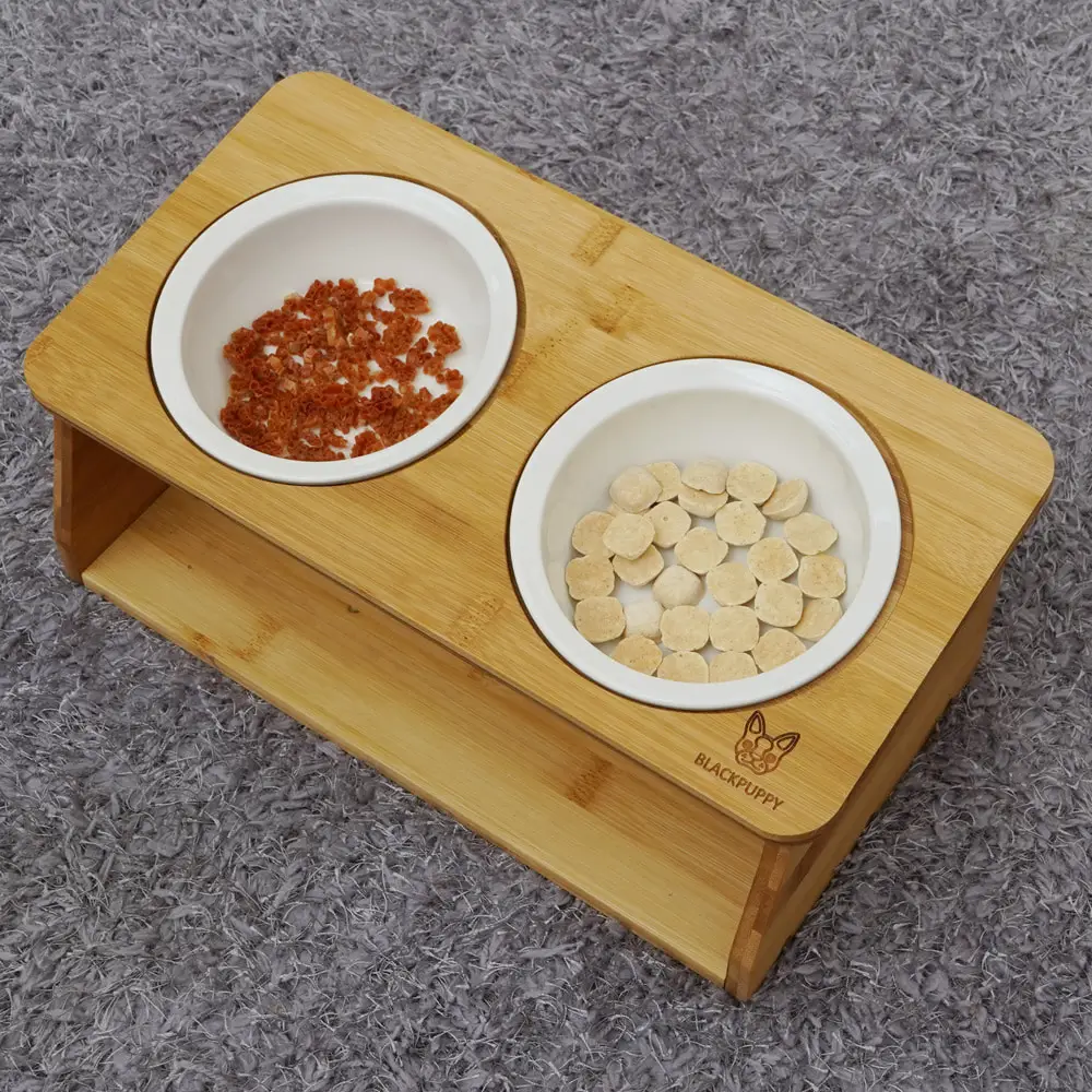 Cat bowl Bamboo wood ceramic bowl to protect the cervical spine oblique mouth cat rice bowl to prevent upset bowl rack pet table