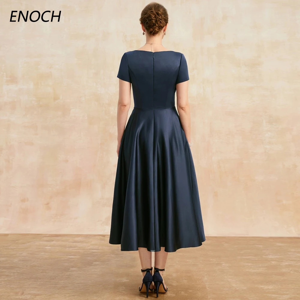 ENOCH Simple V-Neck Mother Of The Bride Dress Short Sleeves Zipper Wedding Formal Gown Pockets Tea Length New فستان حفلات الزفاف