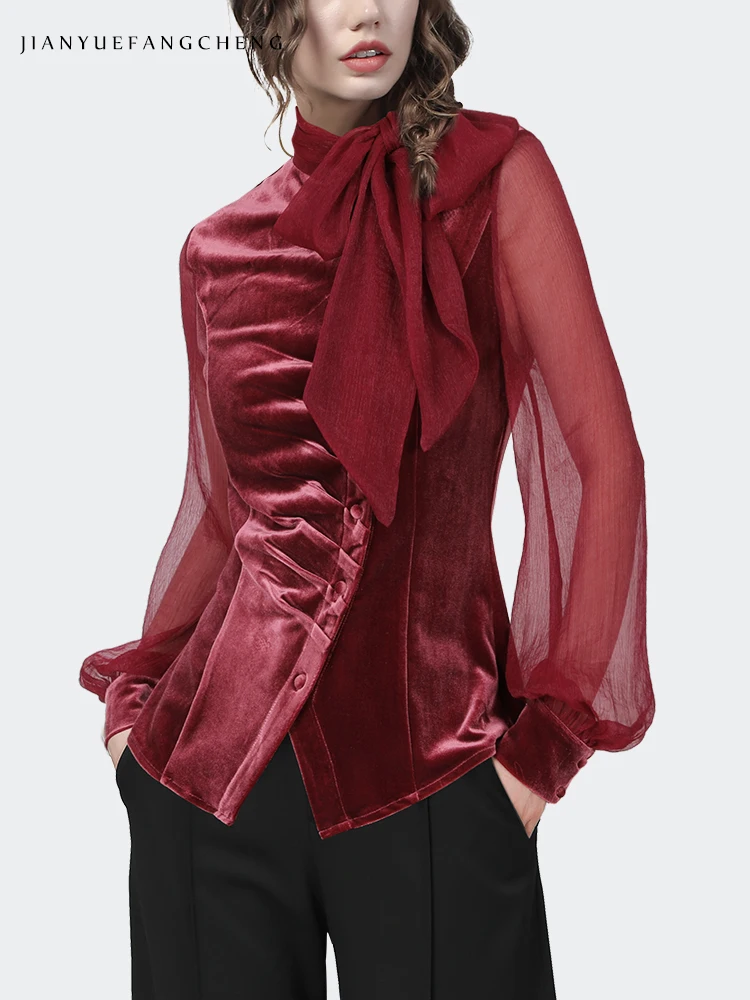 Elegant and Stylish Women\'s Velvet Chiffon Blouse with Bow Tie and Lantern Sleeves Red Irregular Shirt for 2024 Spring Fashion