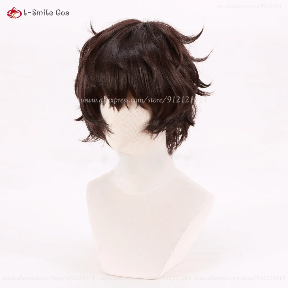 Dazai Osamu Cosplay Peruca com Boné, Cabelo Castanho Curto, Resistente ao Calor, Anime Couro cabeludo, 30cm, Alta Qualidade